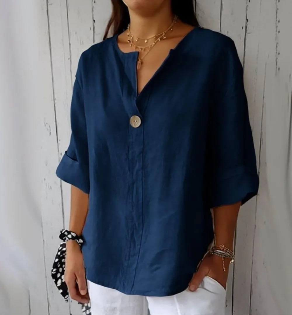 Women's Linen Shirt Button Down V Neck Solid Blouse 3/4 Sleeves Casual Loose Fit Tunic Tops Summer T Shirts