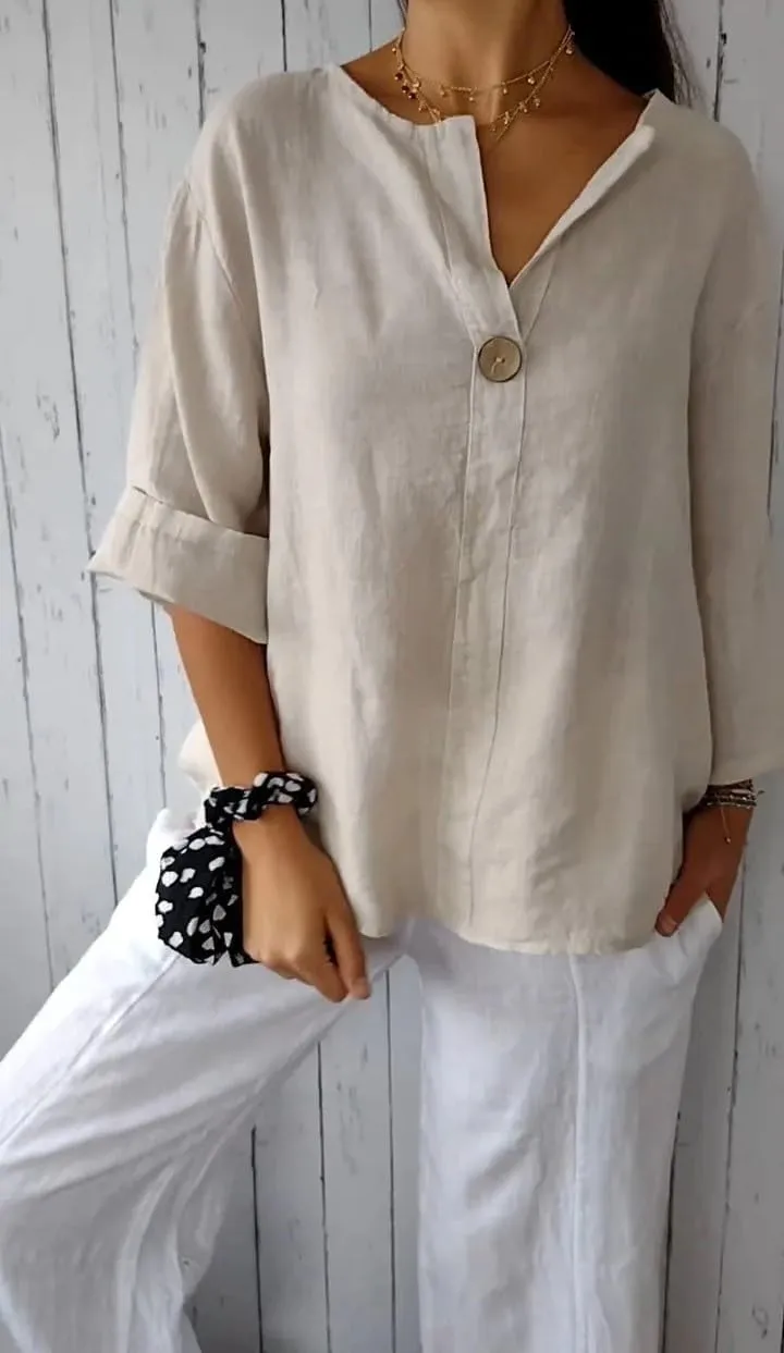 Women's Linen Shirt Button Down V Neck Solid Blouse 3/4 Sleeves Casual Loose Fit Tunic Tops Summer T Shirts