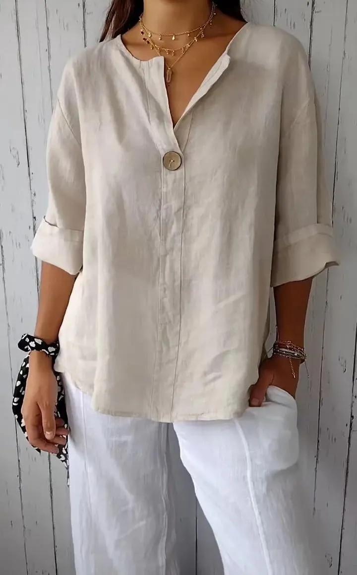 Women's Linen Shirt Button Down V Neck Solid Blouse 3/4 Sleeves Casual Loose Fit Tunic Tops Summer T Shirts
