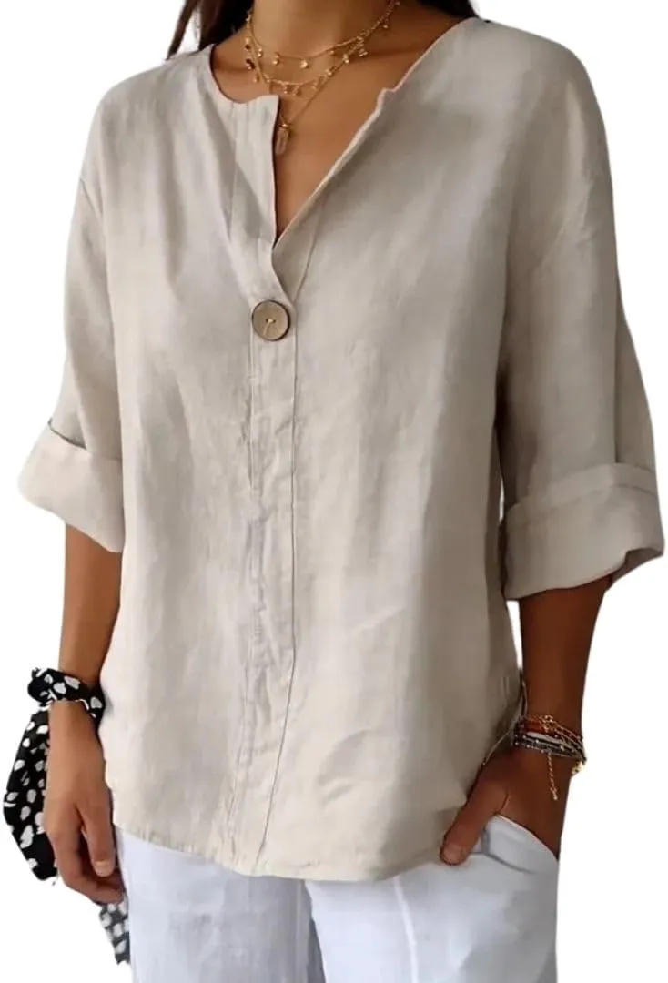 Women's Linen Shirt Button Down V Neck Solid Blouse 3/4 Sleeves Casual Loose Fit Tunic Tops Summer T Shirts