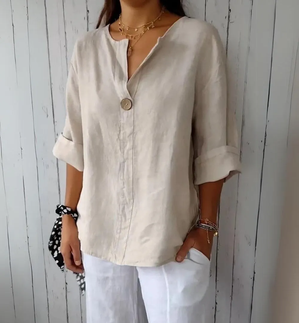 Women's Linen Shirt Button Down V Neck Solid Blouse 3/4 Sleeves Casual Loose Fit Tunic Tops Summer T Shirts