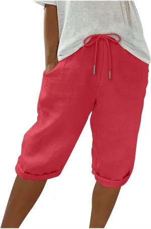 Women's Linen Shorts Summer Fashion Drawstring Elastic Casual Shorts Solid Beach Vacation Clothes