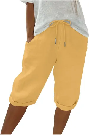 Women's Linen Shorts Summer Fashion Drawstring Elastic Casual Shorts Solid Beach Vacation Clothes