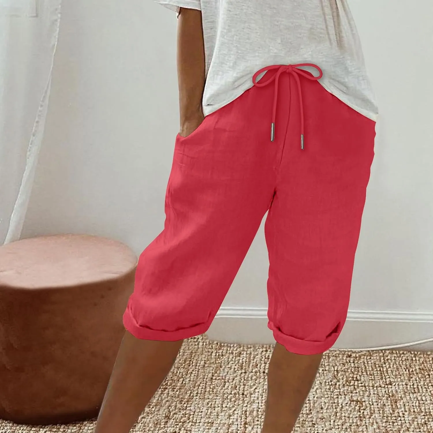 Women's Linen Shorts Summer Fashion Drawstring Elastic Casual Shorts Solid Beach Vacation Clothes