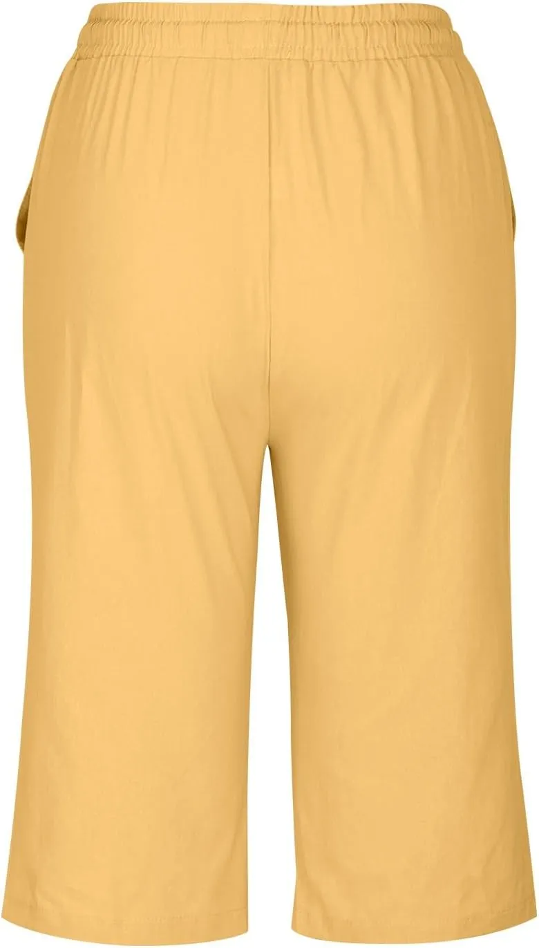 Women's Linen Shorts Summer Fashion Drawstring Elastic Casual Shorts Solid Beach Vacation Clothes