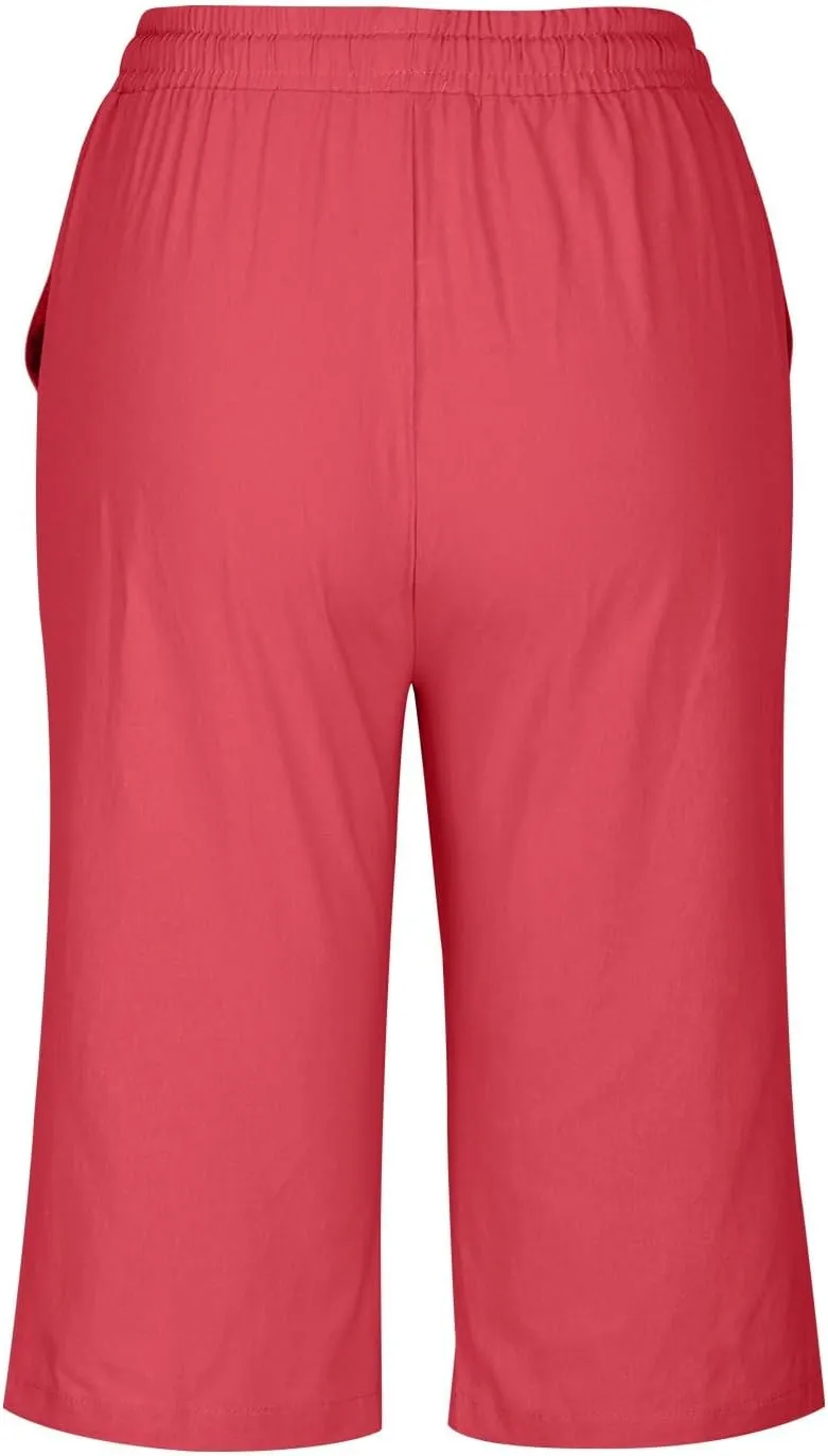 Women's Linen Shorts Summer Fashion Drawstring Elastic Casual Shorts Solid Beach Vacation Clothes