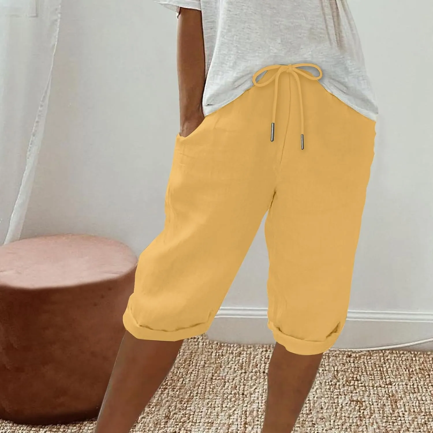 Women's Linen Shorts Summer Fashion Drawstring Elastic Casual Shorts Solid Beach Vacation Clothes