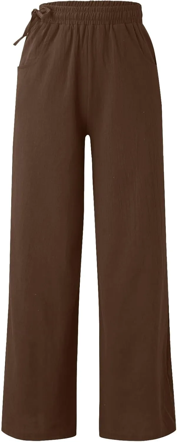 Women's Linen Summer Palazzo Pants Flowy Wide Leg Beach Pants with Pockets Loose Fit Beach Vacation Outfits Trousers