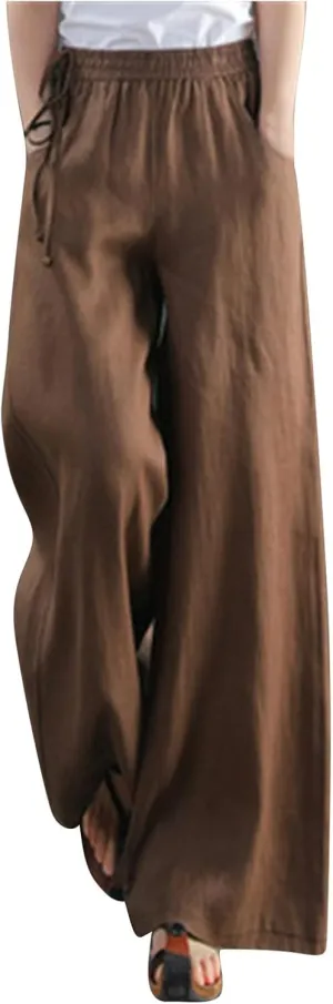 Women's Linen Summer Palazzo Pants Flowy Wide Leg Beach Pants with Pockets Loose Fit Beach Vacation Outfits Trousers