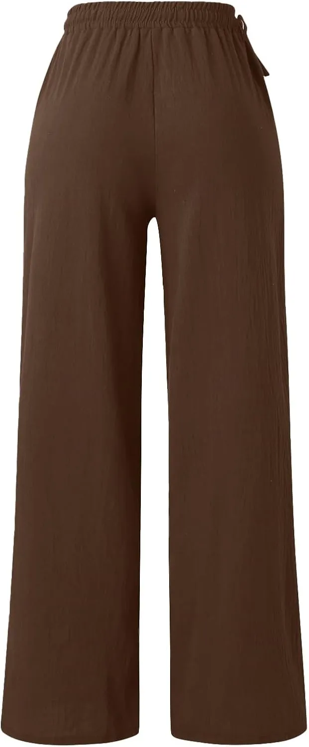 Women's Linen Summer Palazzo Pants Flowy Wide Leg Beach Pants with Pockets Loose Fit Beach Vacation Outfits Trousers