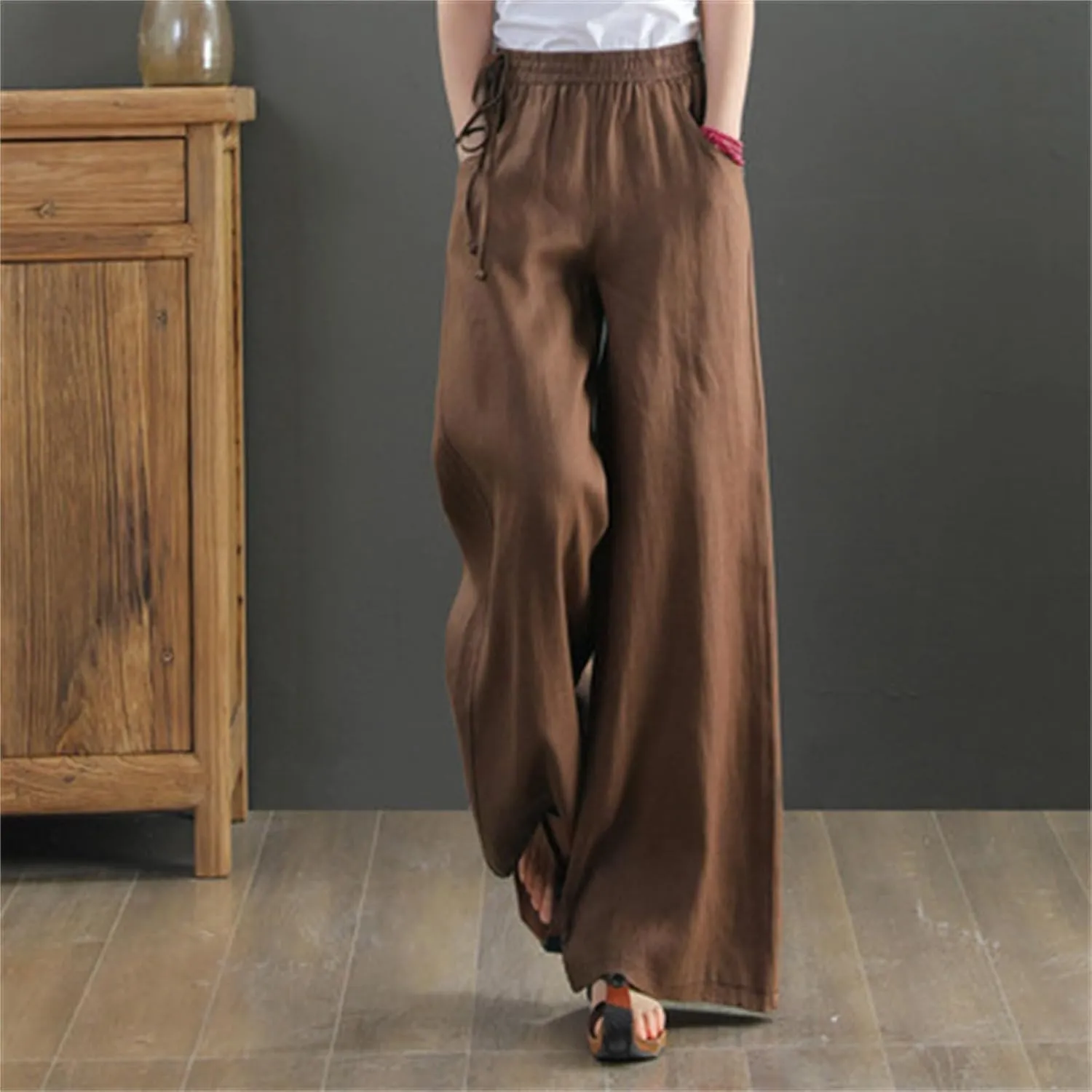 Women's Linen Summer Palazzo Pants Flowy Wide Leg Beach Pants with Pockets Loose Fit Beach Vacation Outfits Trousers