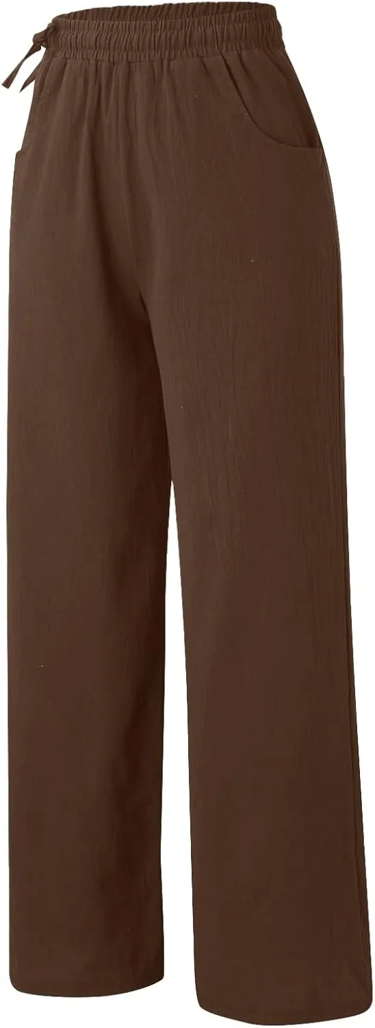 Women's Linen Summer Palazzo Pants Flowy Wide Leg Beach Pants with Pockets Loose Fit Beach Vacation Outfits Trousers