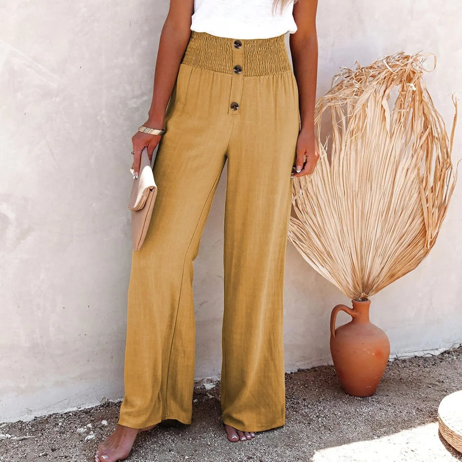 Women's Linen Summer Palazzo Pants Lounge Loose Paperbag Waist Trousers Solid Comfy Pants Summer Outfits 2025 Trendy