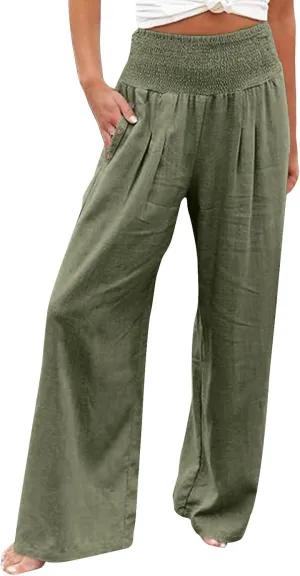 Womens Linen Summer Tie Knot Pants High Waist Stretchy Straight Plus Size Palazzo Pants Travel
