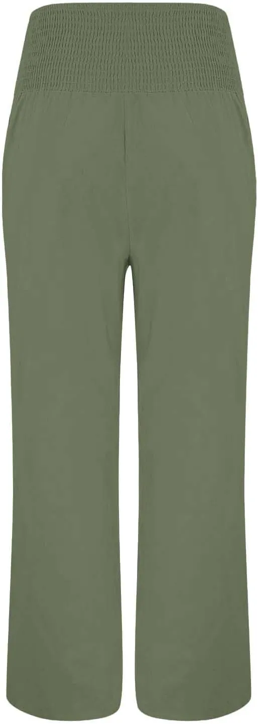 Womens Linen Summer Tie Knot Pants High Waist Stretchy Straight Plus Size Palazzo Pants Travel