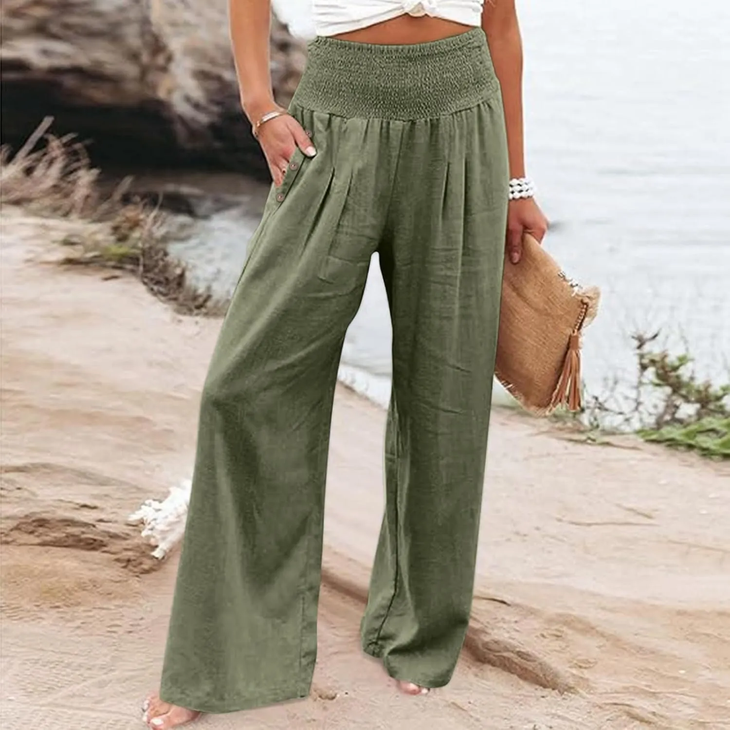 Womens Linen Summer Tie Knot Pants High Waist Stretchy Straight Plus Size Palazzo Pants Travel