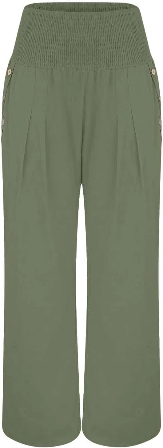Womens Linen Summer Tie Knot Pants High Waist Stretchy Straight Plus Size Palazzo Pants Travel