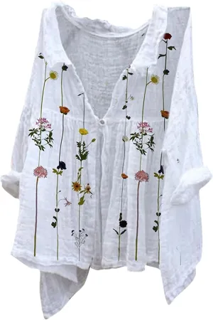 Womens Linen Tops Print Natural Autumn Fragrant Fabric Shirt Women Button Down Shirt Womens Linen Button Down Shirts