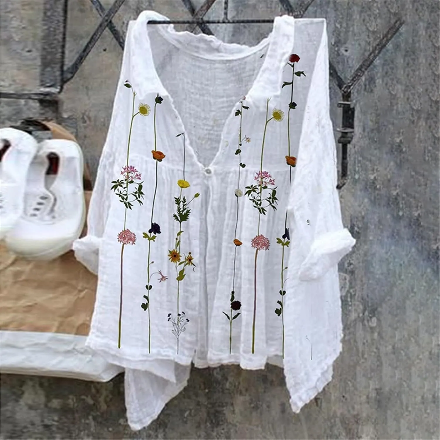 Womens Linen Tops Print Natural Autumn Fragrant Fabric Shirt Women Button Down Shirt Womens Linen Button Down Shirts