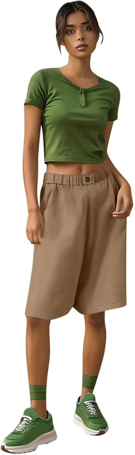 Womens Loose Wide Leg Bermuda Shorts Summer Comfy Elastic Waist Breathable Cotton Linen Knee Length Short Pants