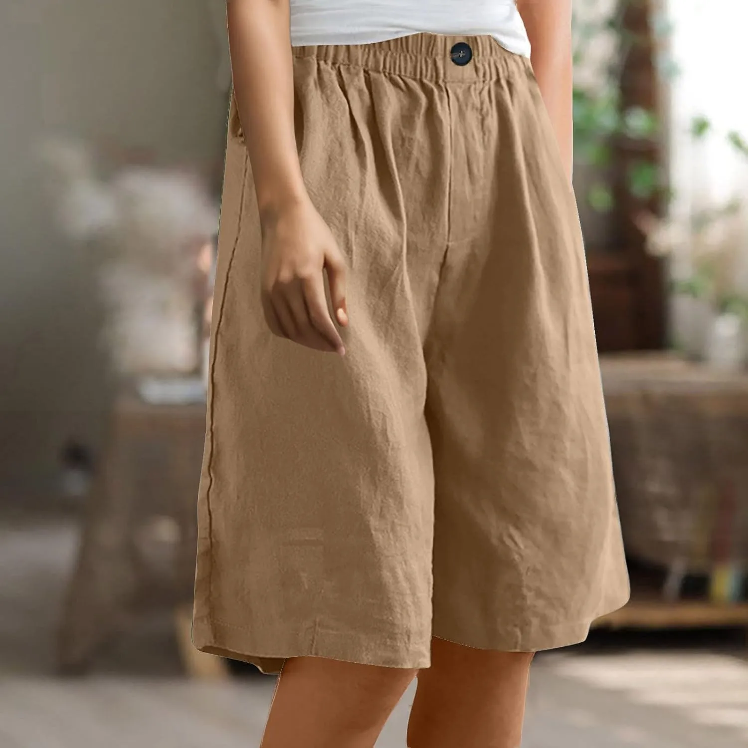 Womens Loose Wide Leg Bermuda Shorts Summer Comfy Elastic Waist Breathable Cotton Linen Knee Length Short Pants