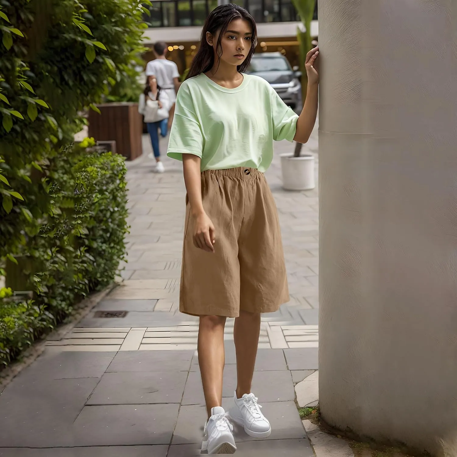 Womens Loose Wide Leg Bermuda Shorts Summer Comfy Elastic Waist Breathable Cotton Linen Knee Length Short Pants
