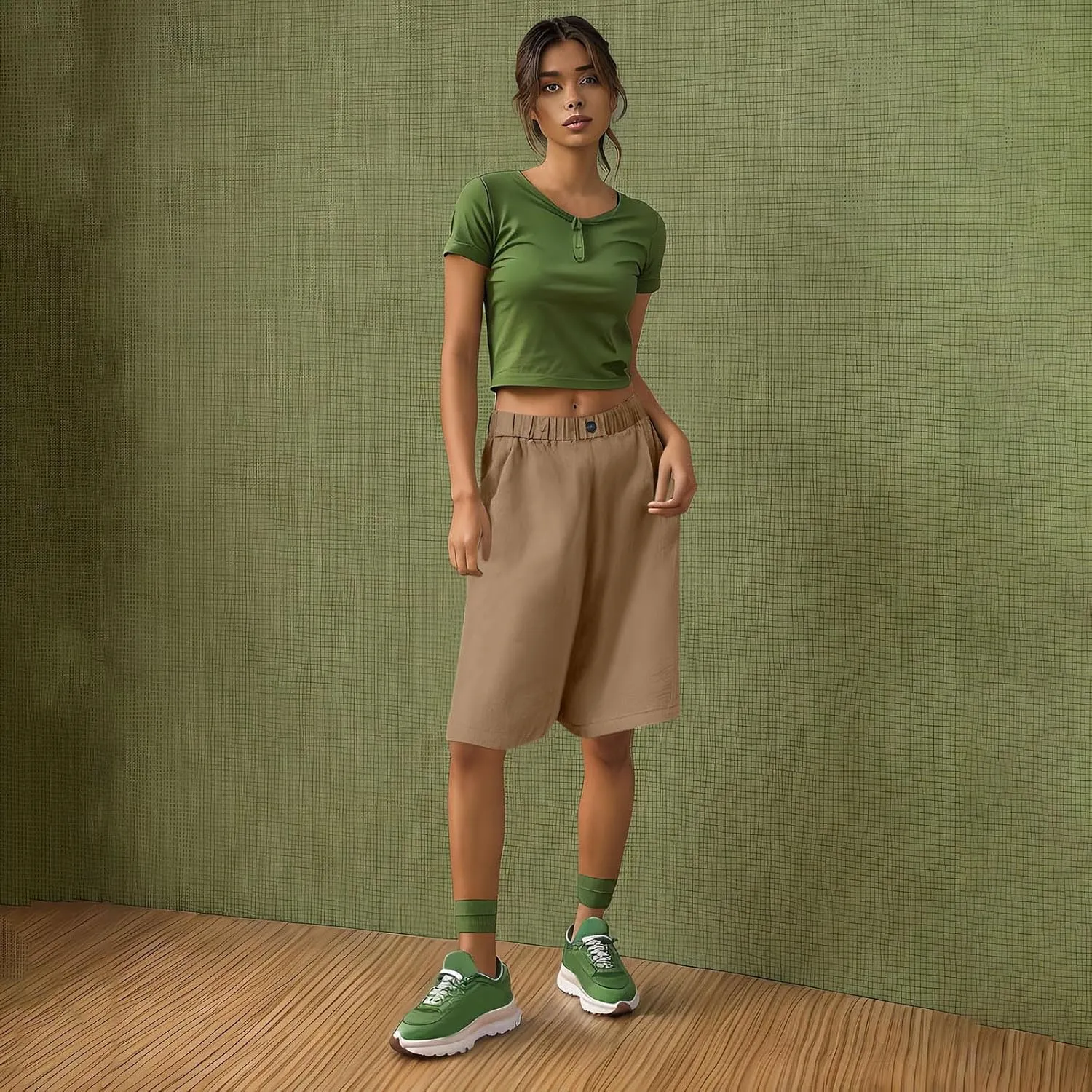 Womens Loose Wide Leg Bermuda Shorts Summer Comfy Elastic Waist Breathable Cotton Linen Knee Length Short Pants