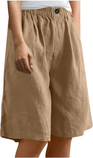 Womens Loose Wide Leg Bermuda Shorts Summer Comfy Elastic Waist Breathable Cotton Linen Knee Length Short Pants
