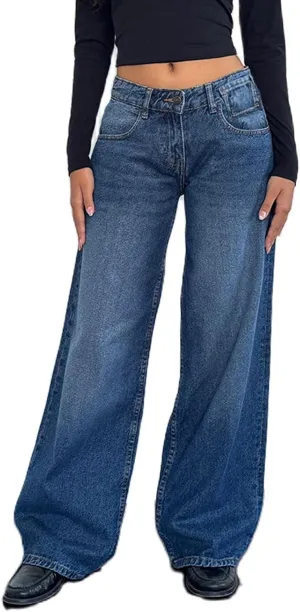 Women's Low Rise Baggy Jeans Washed Straight Wide Leg Denim Pants Casual Loose Boyfriend Jean Streewear Trousers