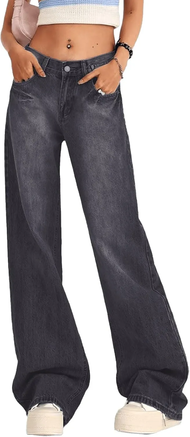 Women's Low Rise Baggy Jeans Washed Straight Wide Leg Denim Pants Casual Loose Boyfriend Jean Streewear Trousers
