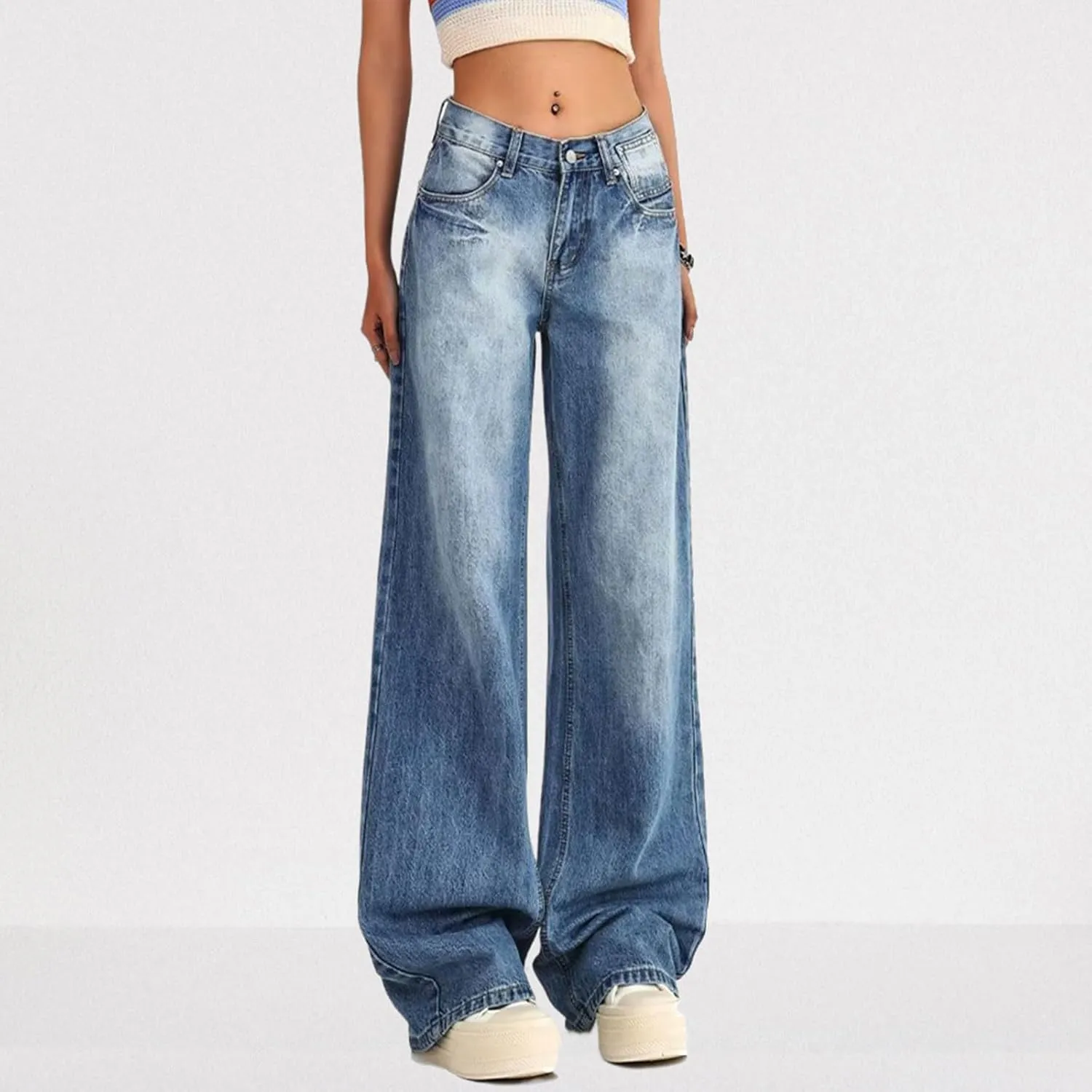 Women's Low Rise Baggy Jeans Washed Straight Wide Leg Denim Pants Casual Loose Boyfriend Jean Streewear Trousers