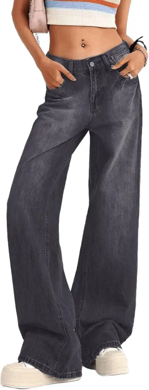 Women's Low Rise Baggy Jeans Washed Straight Wide Leg Denim Pants Casual Loose Boyfriend Jean Streewear Trousers
