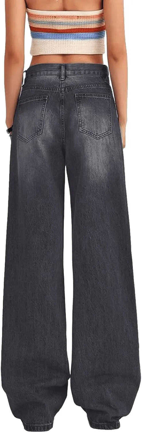 Women's Low Rise Baggy Jeans Washed Straight Wide Leg Denim Pants Casual Loose Boyfriend Jean Streewear Trousers