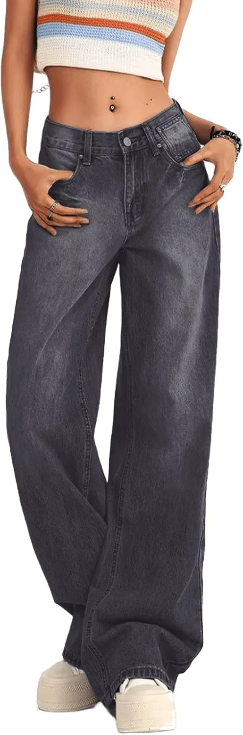 Women's Low Rise Baggy Jeans Washed Straight Wide Leg Denim Pants Casual Loose Boyfriend Jean Streewear Trousers