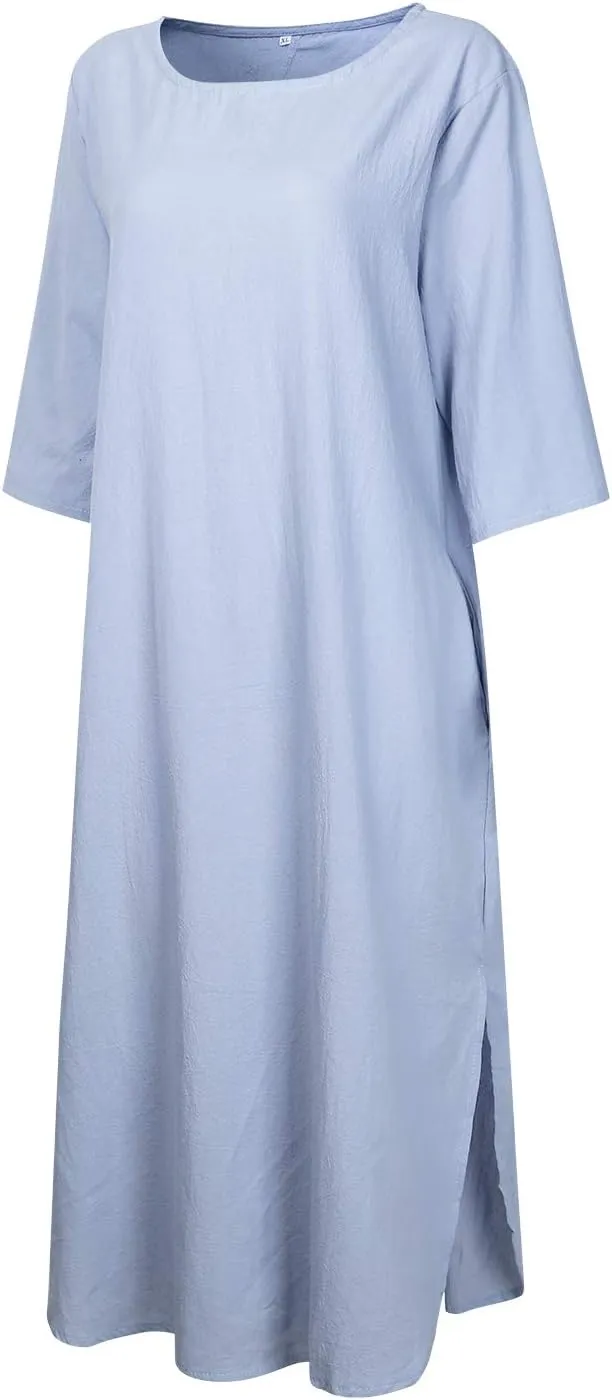 Women's Maxi Dress Solid Plus Size Loose Cotton Linen Long Dresses with Pockets