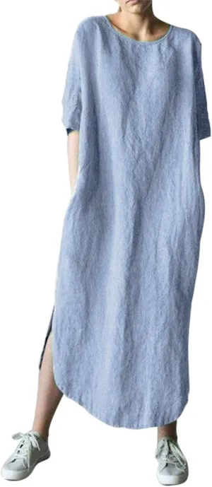 Women's Maxi Dress Solid Plus Size Loose Cotton Linen Long Dresses with Pockets