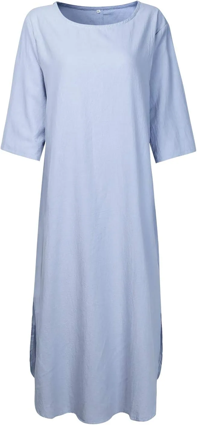 Women's Maxi Dress Solid Plus Size Loose Cotton Linen Long Dresses with Pockets