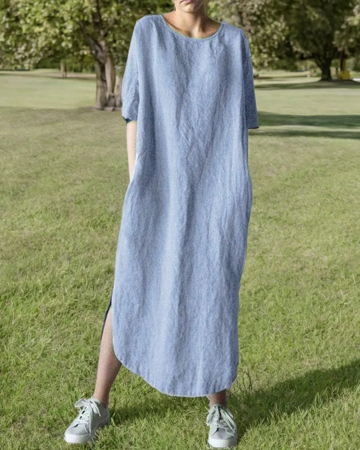 Women's Maxi Dress Solid Plus Size Loose Cotton Linen Long Dresses with Pockets