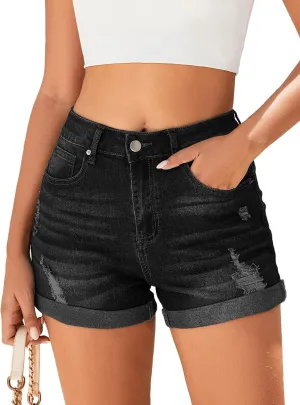 Women's Mid-High Rise Ripped Denim Shorts Stretchy Distressed Jean Shorts with Pockets Folded Hem Casual Summer Jorts