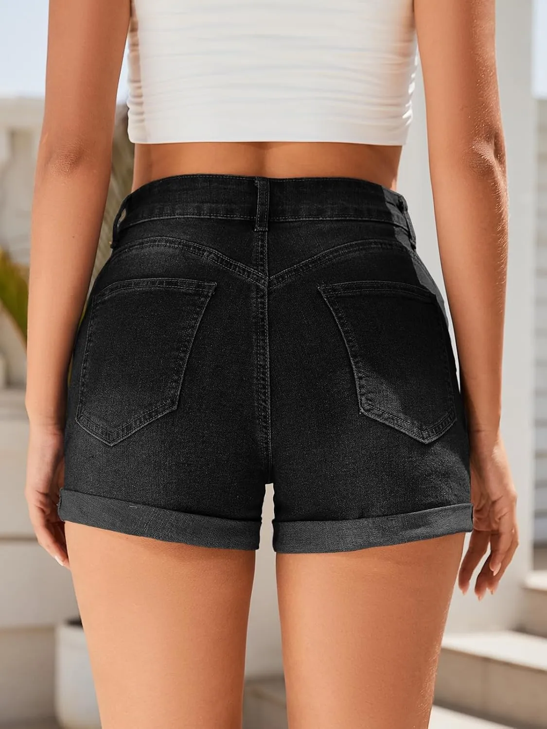Women's Mid-High Rise Ripped Denim Shorts Stretchy Distressed Jean Shorts with Pockets Folded Hem Casual Summer Jorts