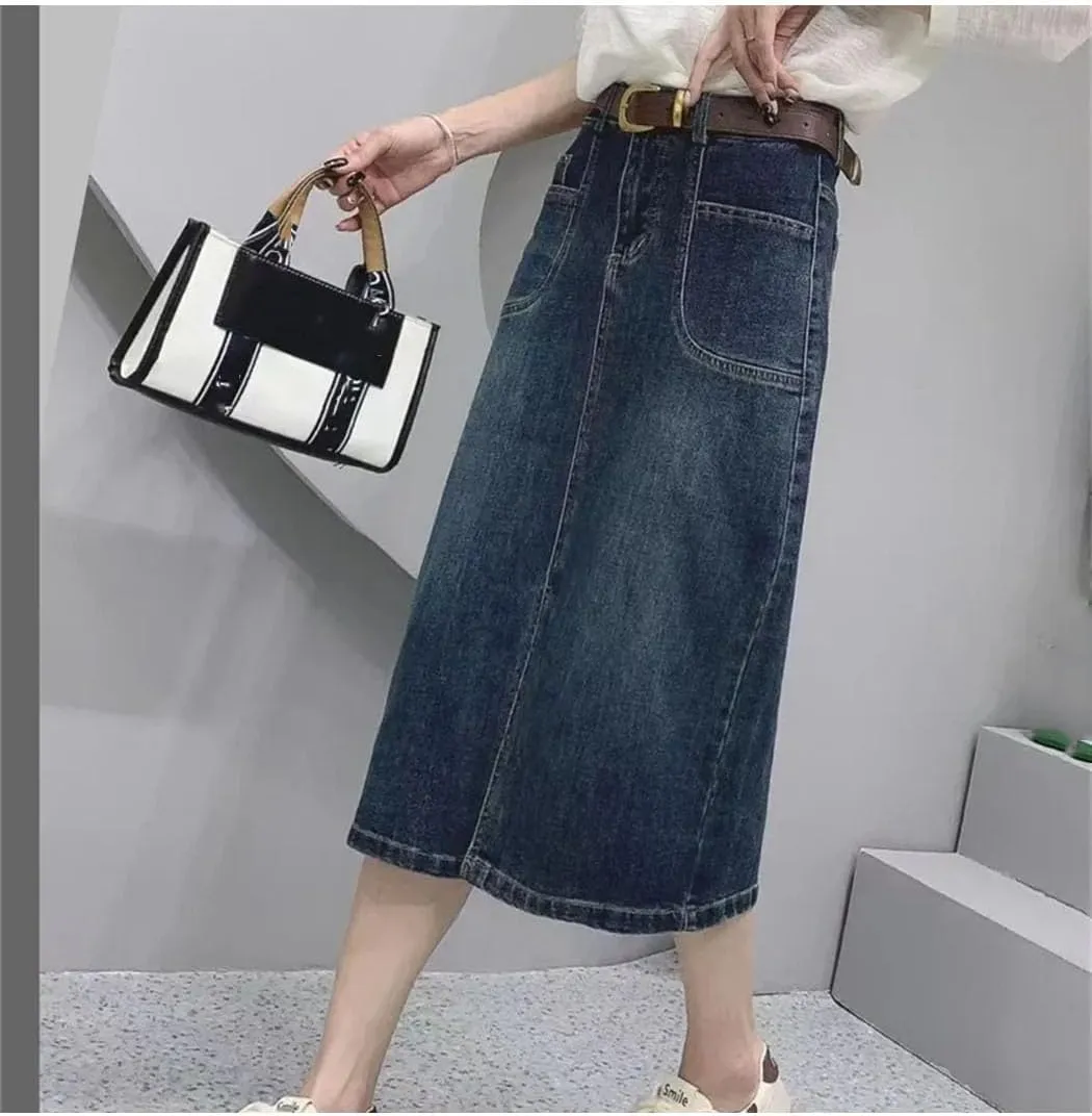 Women's Mid-Length Denim Skirt Elastic Pocket Slit Cotton Vintage Style Half-Length Skirts for Spring Autumn