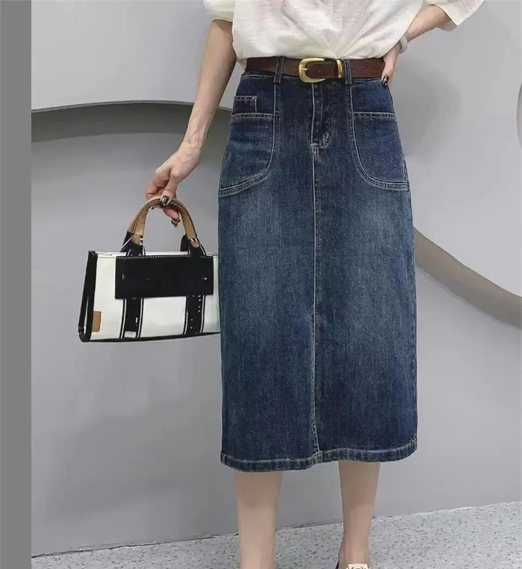 Women's Mid-Length Denim Skirt Elastic Pocket Slit Cotton Vintage Style Half-Length Skirts for Spring Autumn