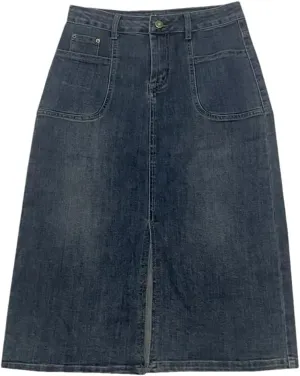 Women's Mid-Length Denim Skirt Elastic Pocket Slit Cotton Vintage Style Half-Length Skirts for Spring Autumn