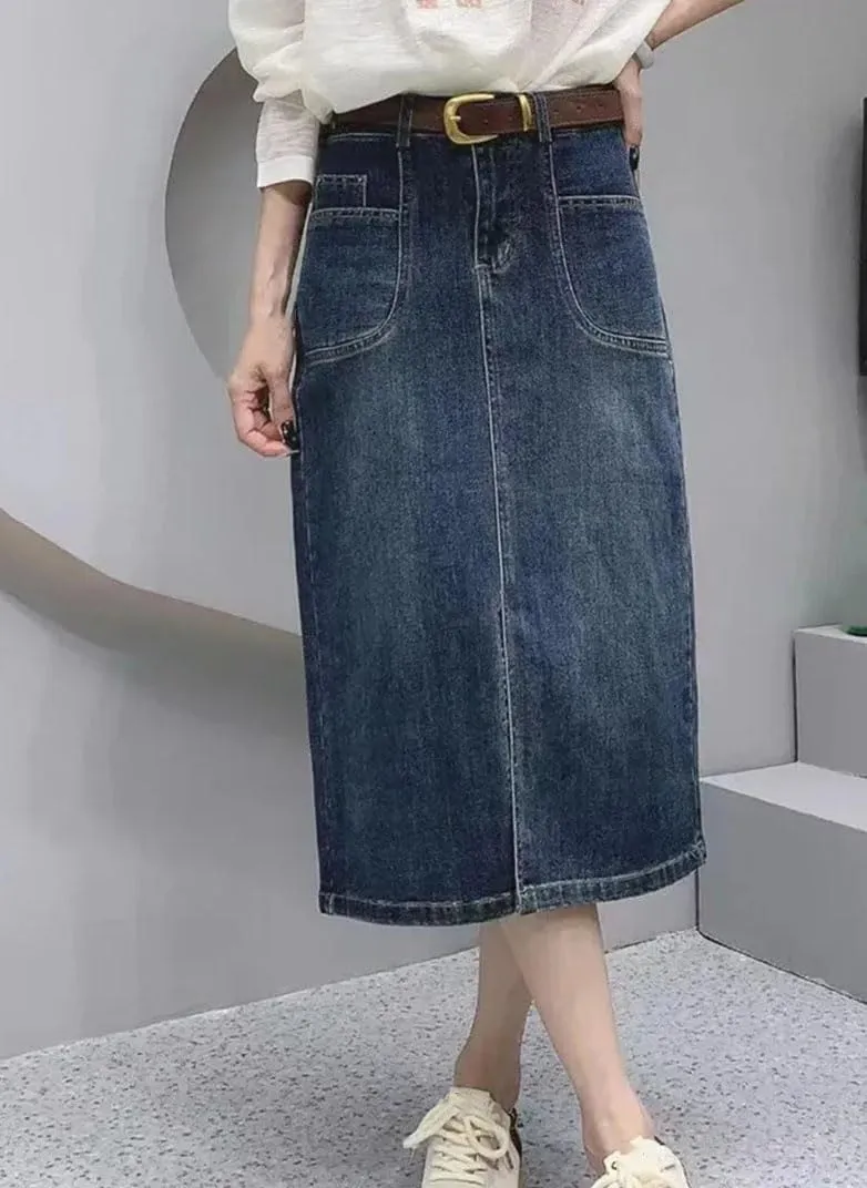 Women's Mid-Length Denim Skirt Elastic Pocket Slit Cotton Vintage Style Half-Length Skirts for Spring Autumn