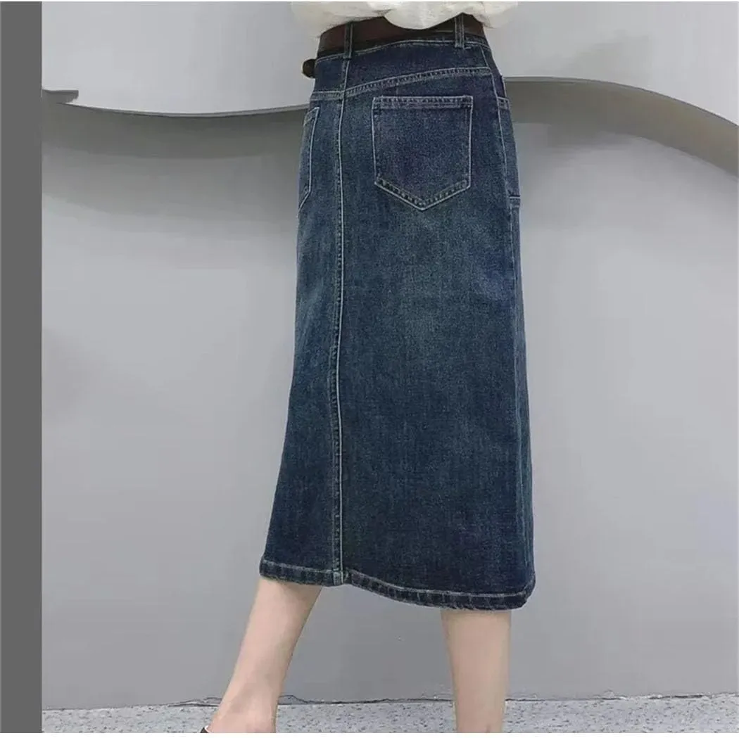 Women's Mid-Length Denim Skirt Elastic Pocket Slit Cotton Vintage Style Half-Length Skirts for Spring Autumn