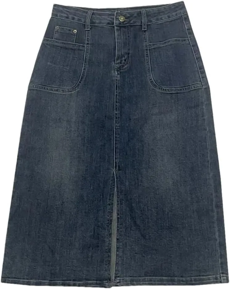 Women's Mid-Length Denim Skirt Elastic Pocket Slit Cotton Vintage Style Half-Length Skirts for Spring Autumn