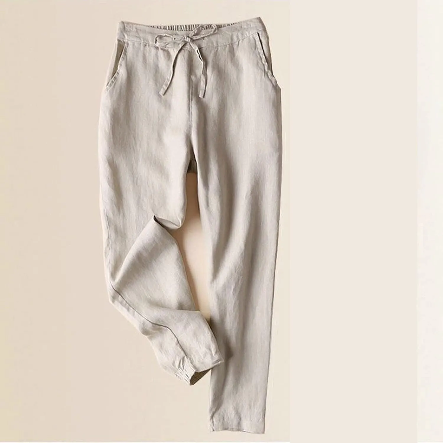 Women's Pants 2025 Cotton Linen Drawstring Elastic Waist Fashion Solid Color Trouser Loose Casual Comfy Length Pant