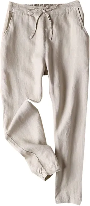 Women's Pants 2025 Cotton Linen Drawstring Elastic Waist Fashion Solid Color Trouser Loose Casual Comfy Length Pant