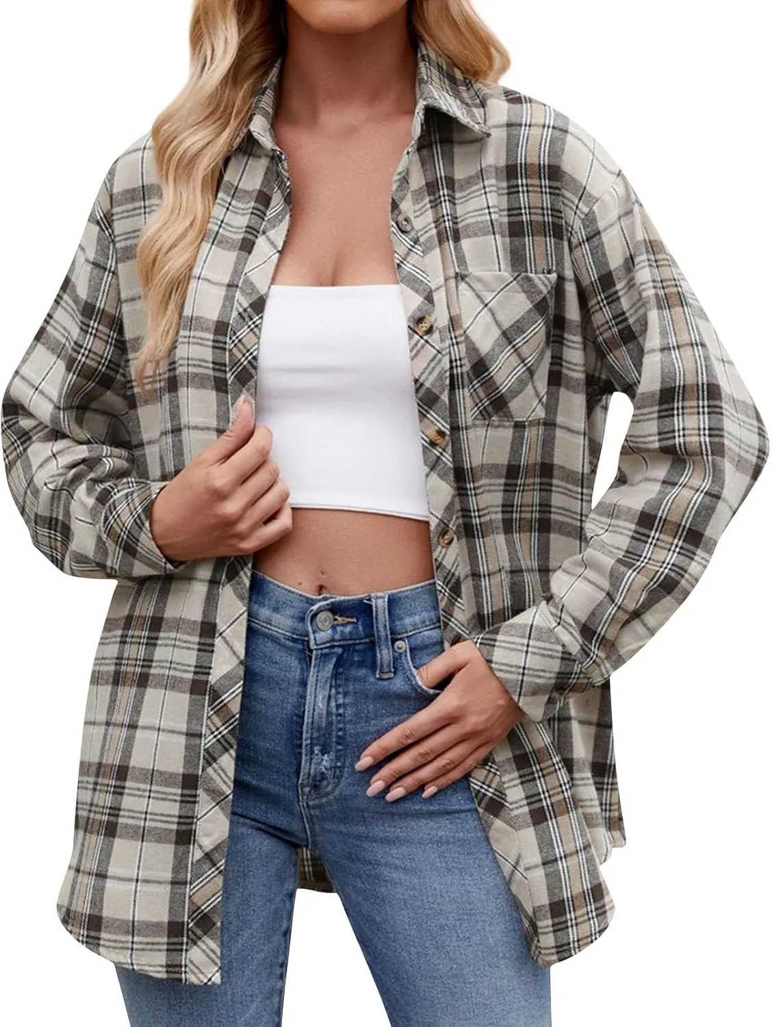 Womens Plus Size Button Down Flannel Plaid Long Sleeve Shirts Oversized Loose Casual Long Jacket Shacket Coats
