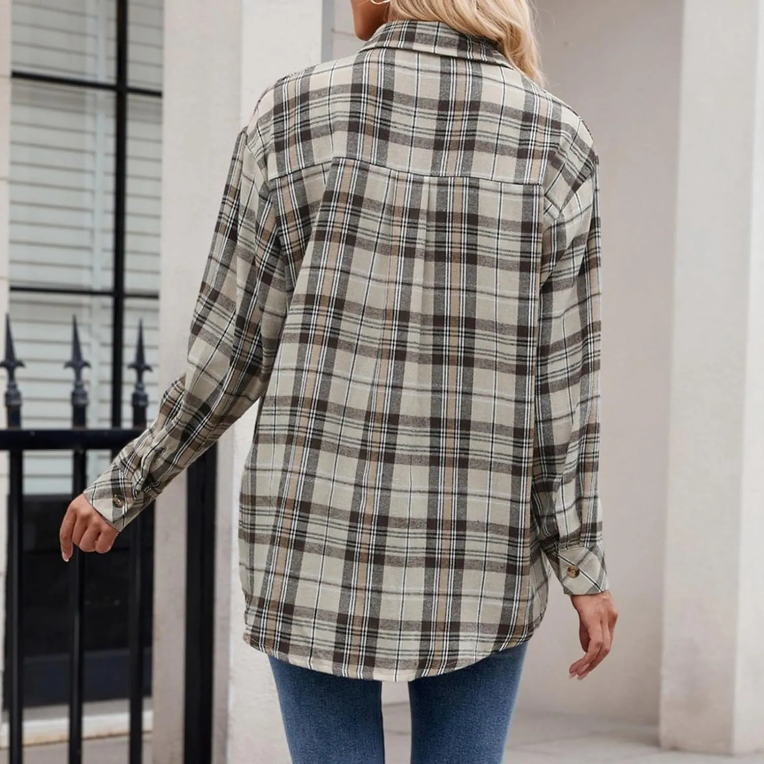 Womens Plus Size Button Down Flannel Plaid Long Sleeve Shirts Oversized Loose Casual Long Jacket Shacket Coats